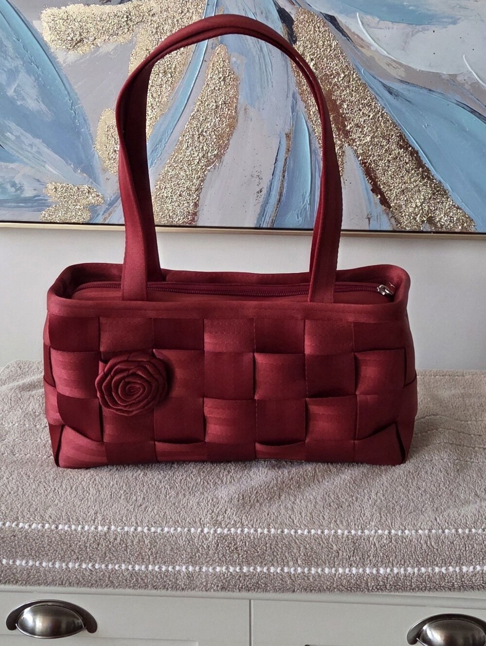 Harveys Seatbelt Bags Scarlet Red Handbag with Rose Accent